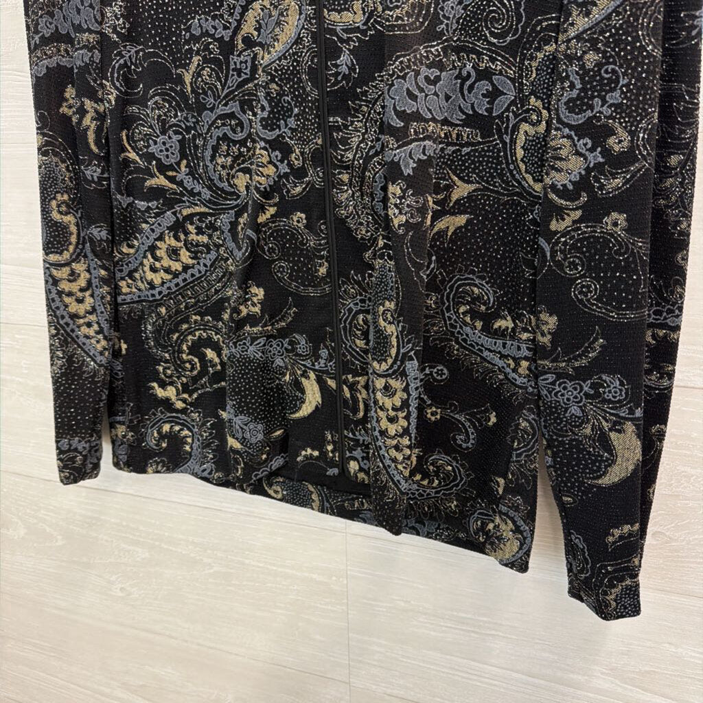 Vintage Jeanne Alexander Black/ Silky Sparkle Paisley Print Zip Up Jacket Small Petite