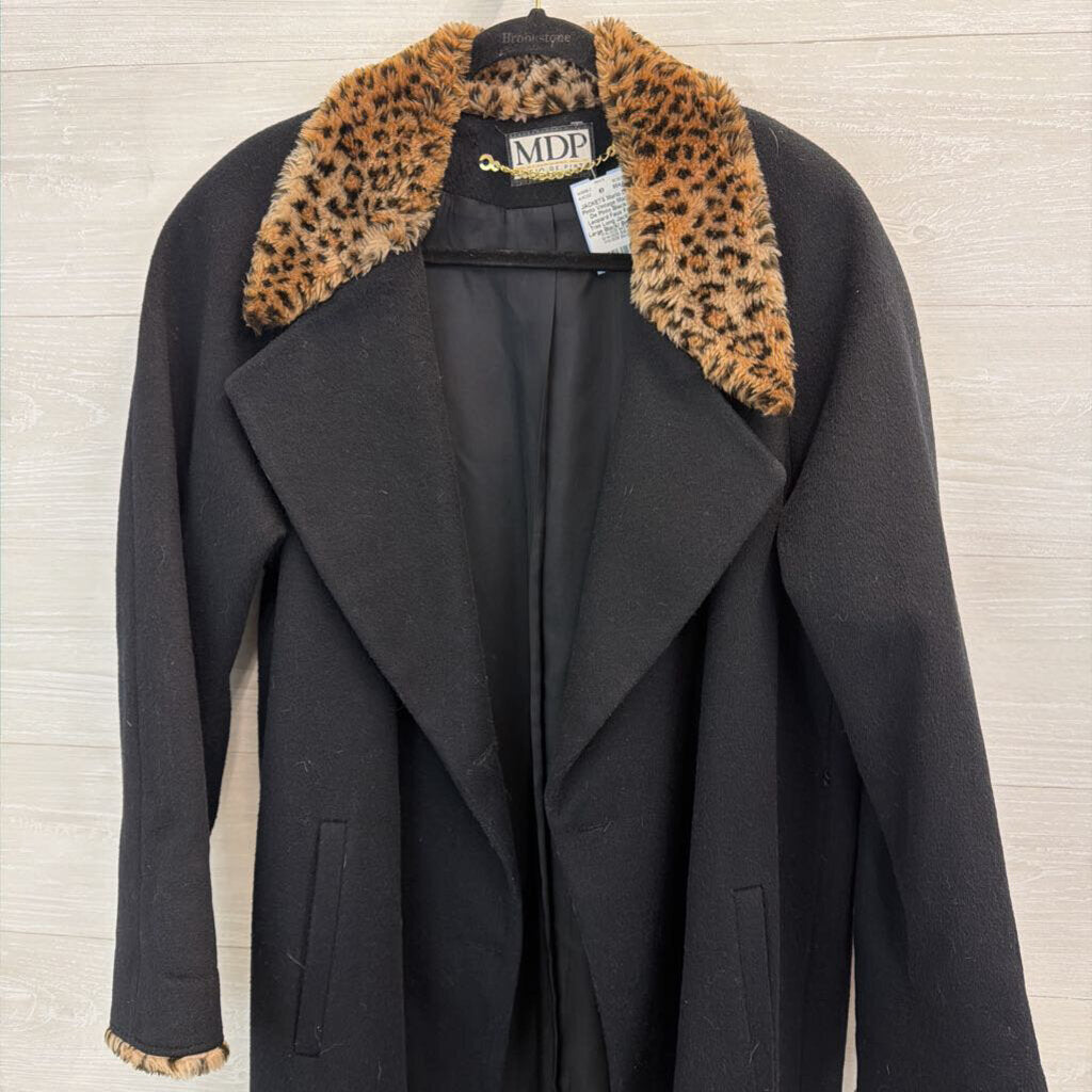 Vintage Mario De Pinto Black Leopard Faux Fur Trim Long Jacket Large