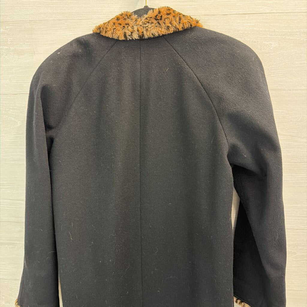 Vintage Mario De Pinto Black Leopard Faux Fur Trim Long Jacket Large