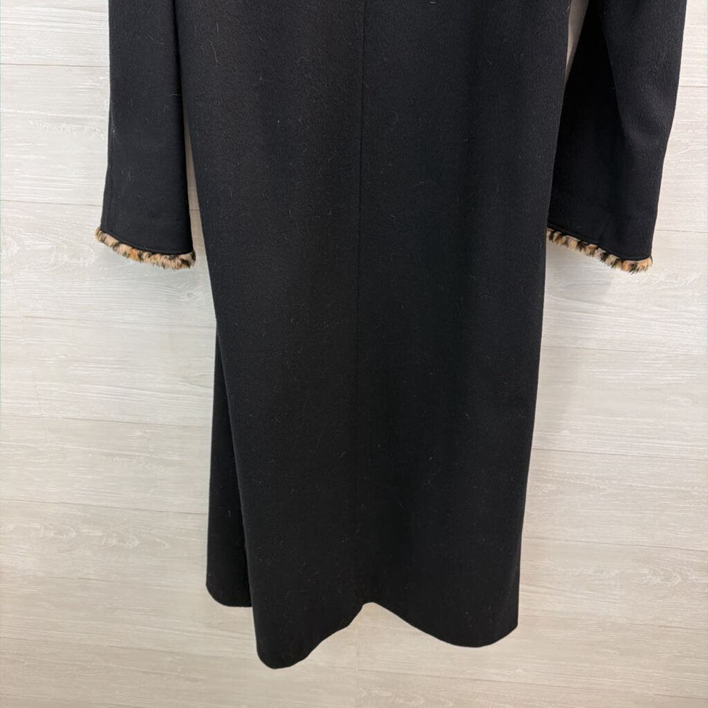 Vintage Mario De Pinto Black Leopard Faux Fur Trim Long Jacket Large