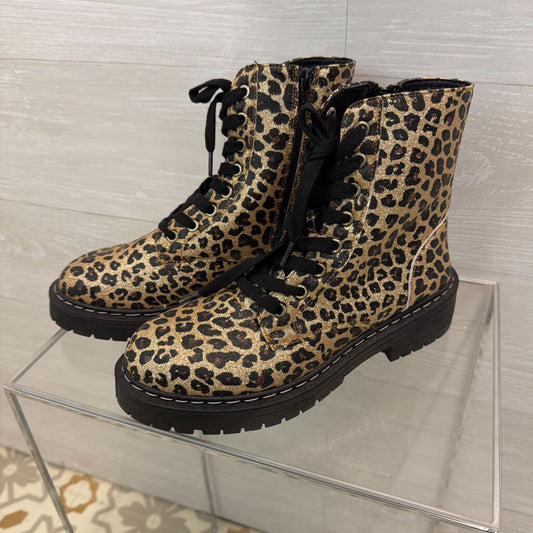 True Craft Gold/ Black Shimmer Leopard Print Lace Up Ankle Boots 9