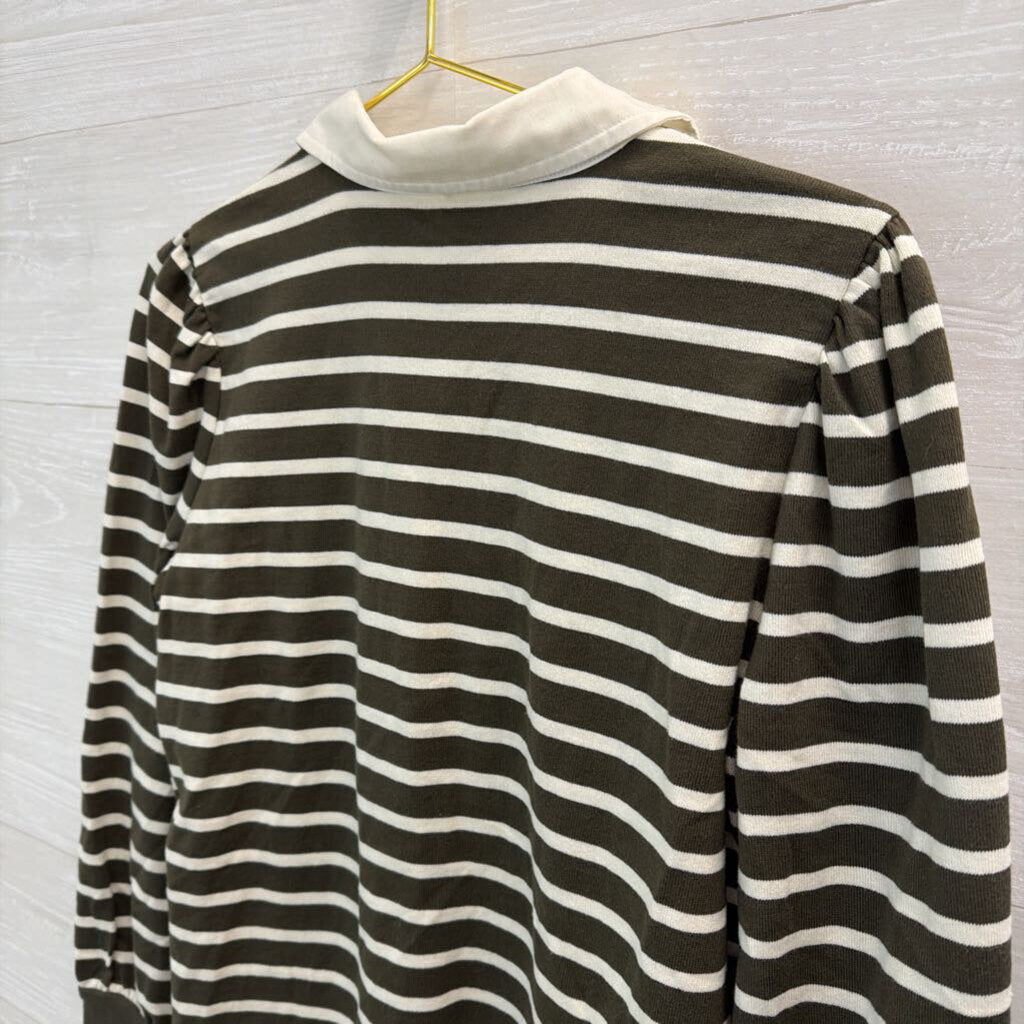 Talbots Green/ White Striped Long Sleeve Top With Collar Medium Petite