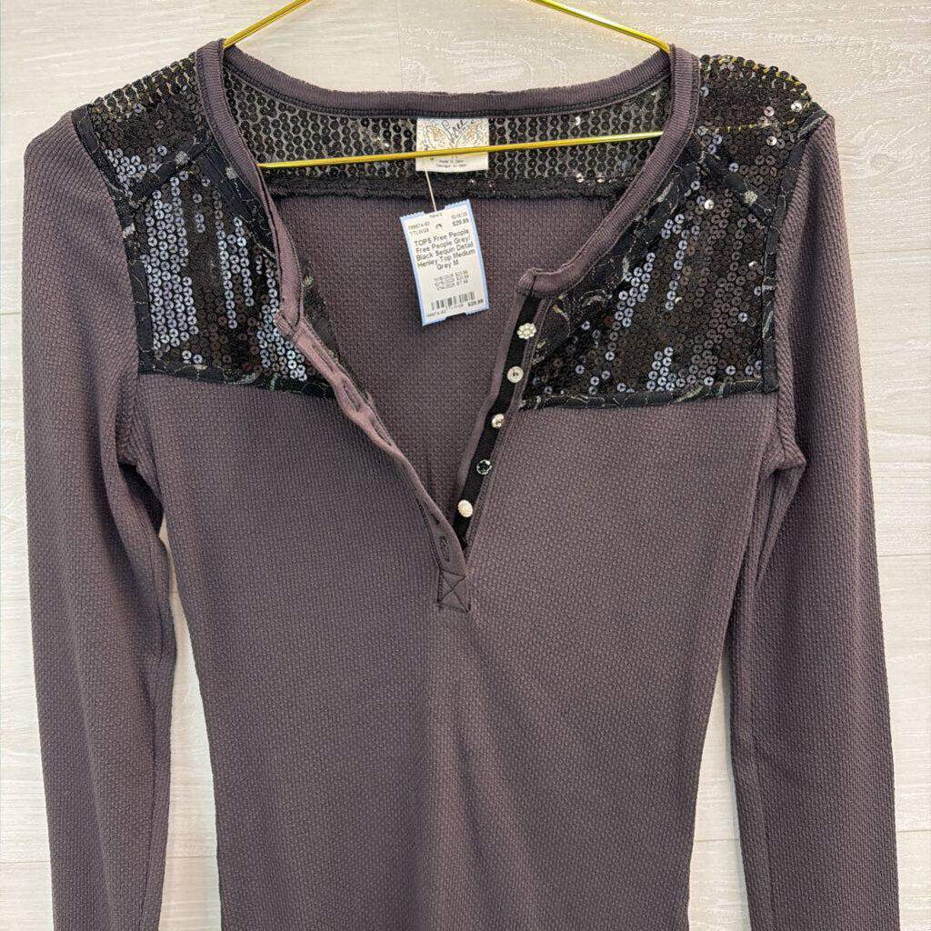 Free People Grey/ Black Sequin Detail Henley Top Medium