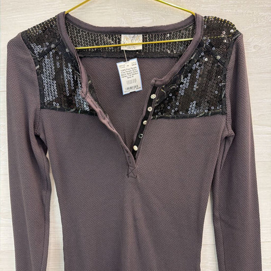 Free People Grey/ Black Sequin Detail Henley Top Medium