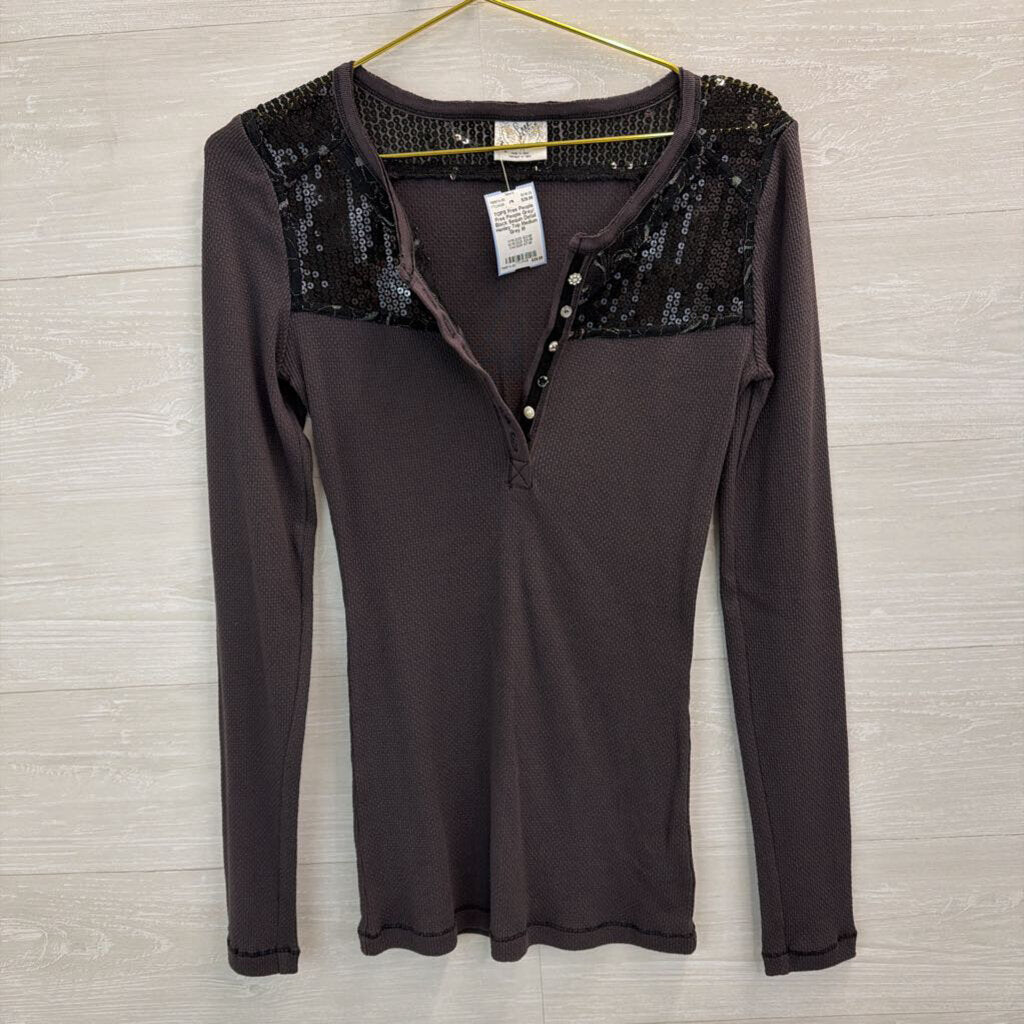 Free People Grey/ Black Sequin Detail Henley Top Medium