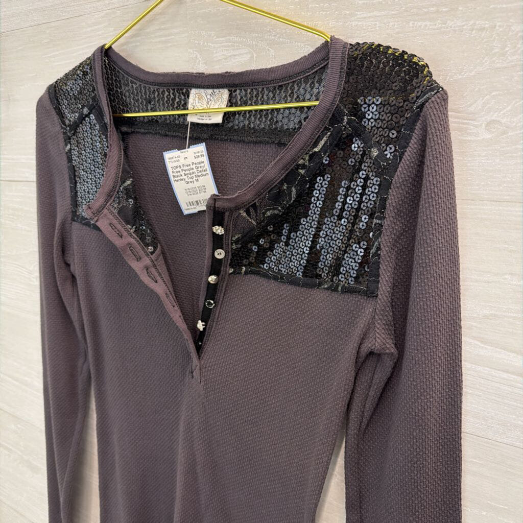 Free People Grey/ Black Sequin Detail Henley Top Medium
