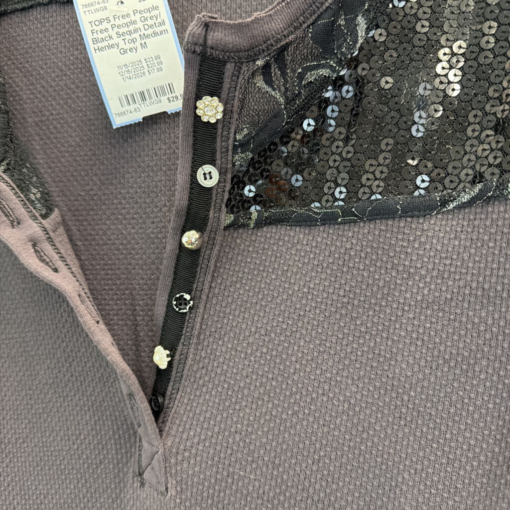 Free People Grey/ Black Sequin Detail Henley Top Medium