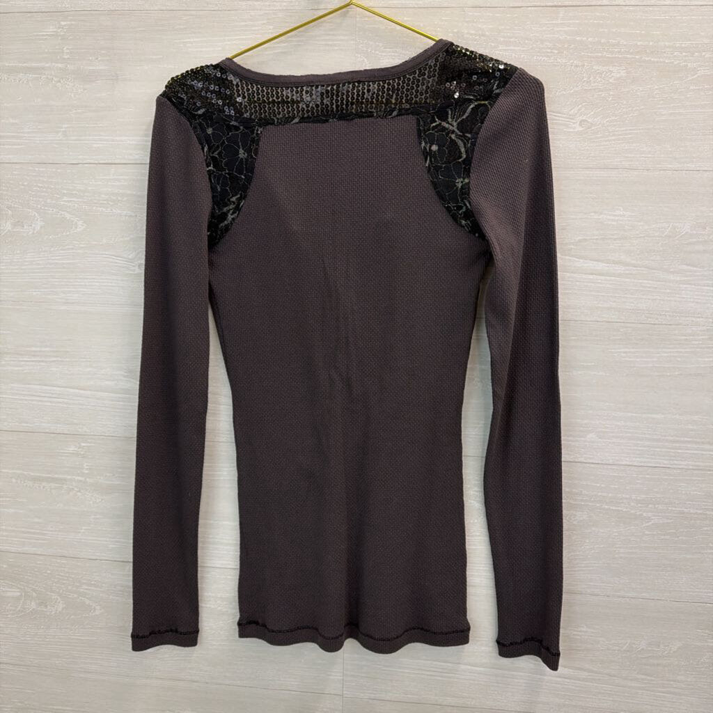 Free People Grey/ Black Sequin Detail Henley Top Medium
