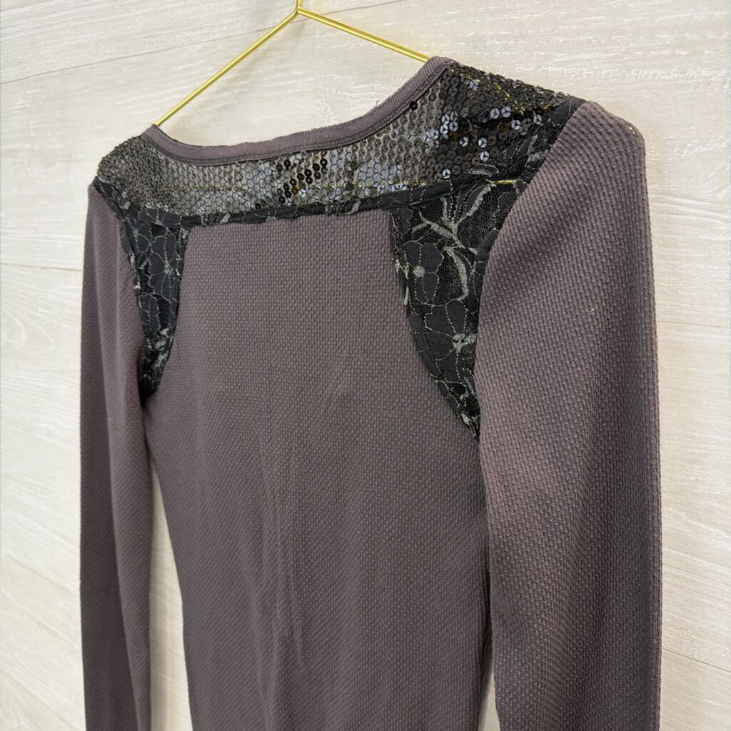 Free People Grey/ Black Sequin Detail Henley Top Medium