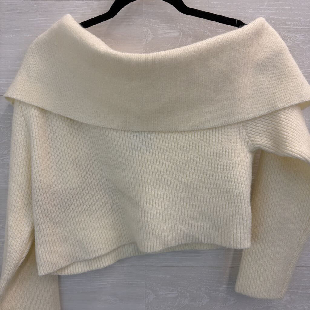 Remi X Revolve Cream Ribbed Cropped Off Shoulder Sweater Large