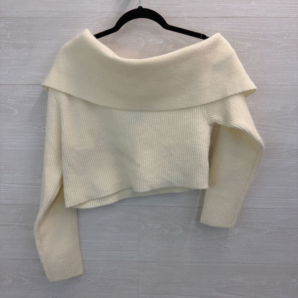 Remi X Revolve Cream Ribbed Cropped Off Shoulder Sweater Large