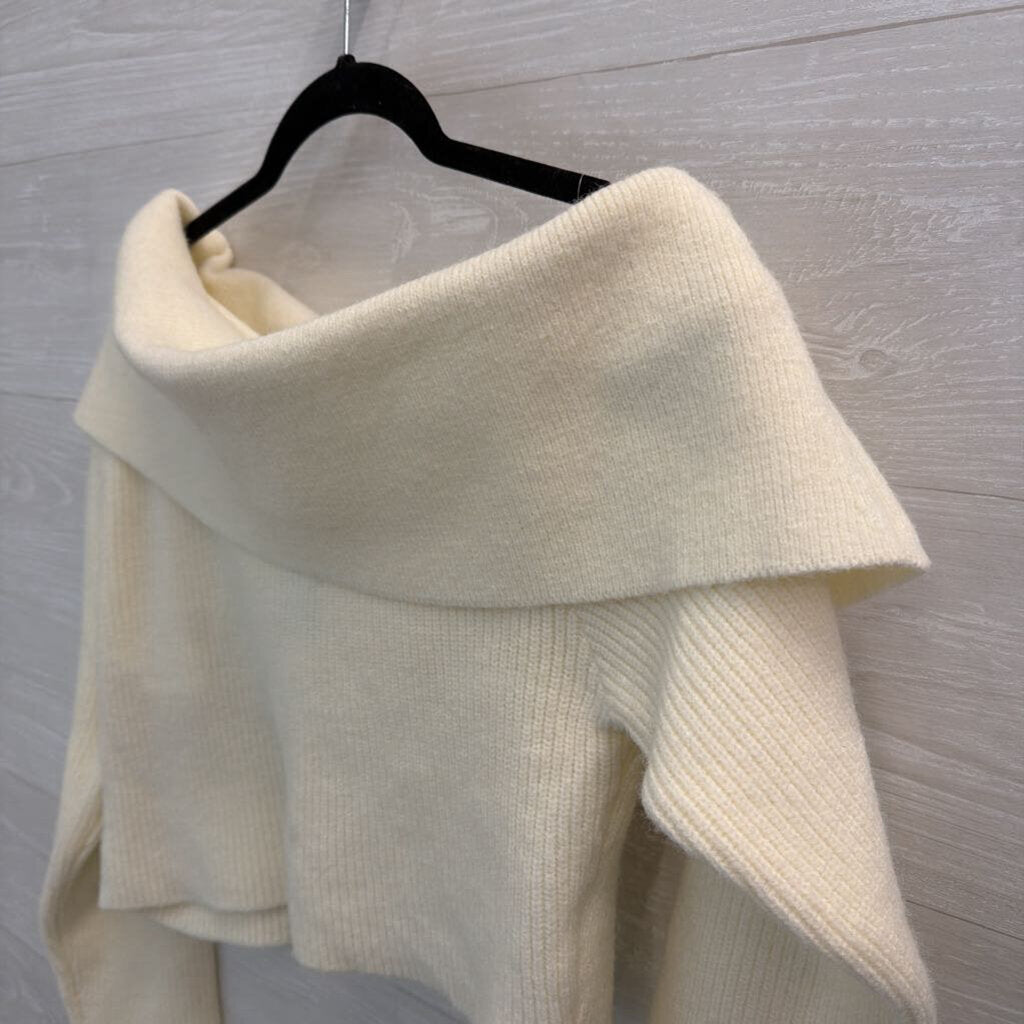 Remi X Revolve Cream Ribbed Cropped Off Shoulder Sweater Large