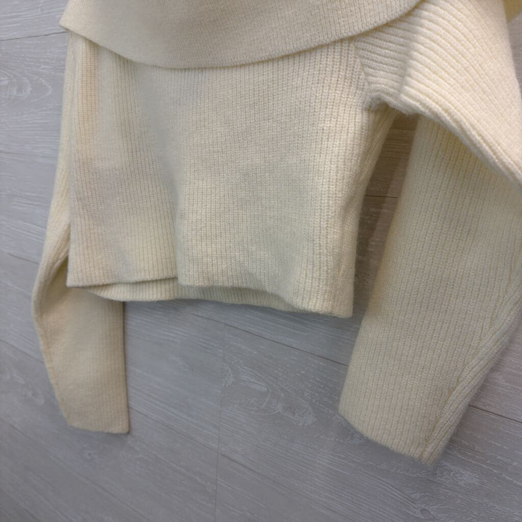 Remi X Revolve Cream Ribbed Cropped Off Shoulder Sweater Large