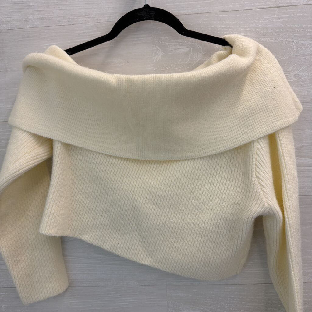 Remi X Revolve Cream Ribbed Cropped Off Shoulder Sweater Large