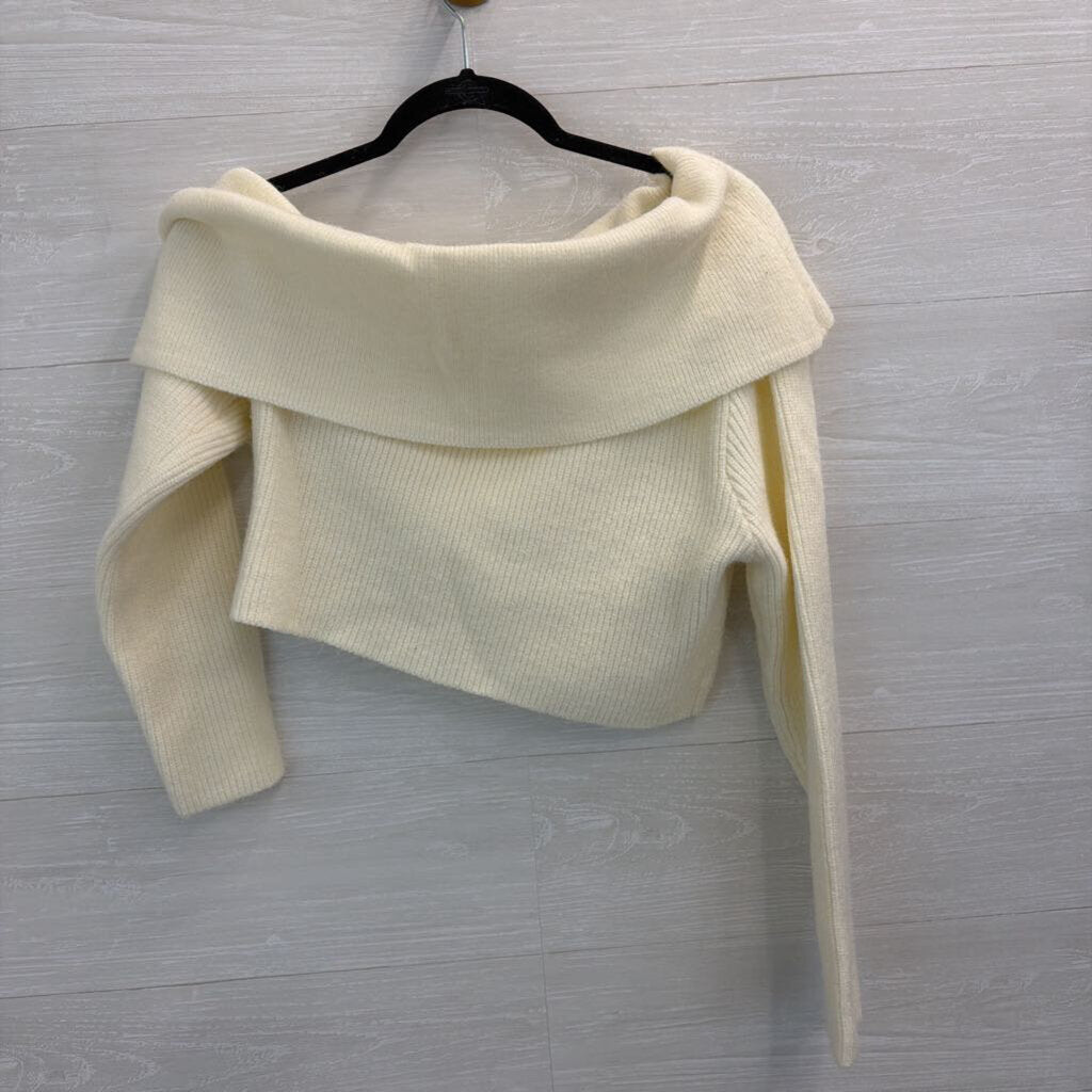 Remi X Revolve Cream Ribbed Cropped Off Shoulder Sweater Large