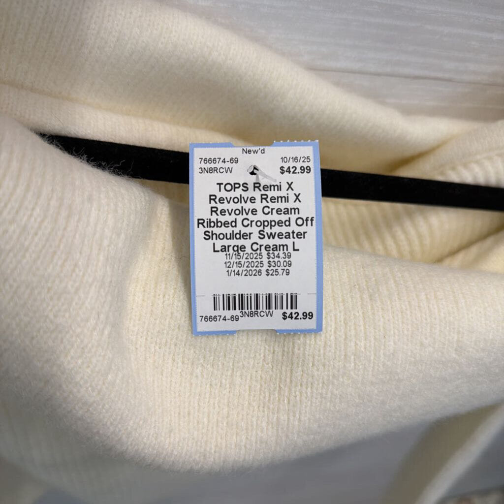 Remi X Revolve Cream Ribbed Cropped Off Shoulder Sweater Large