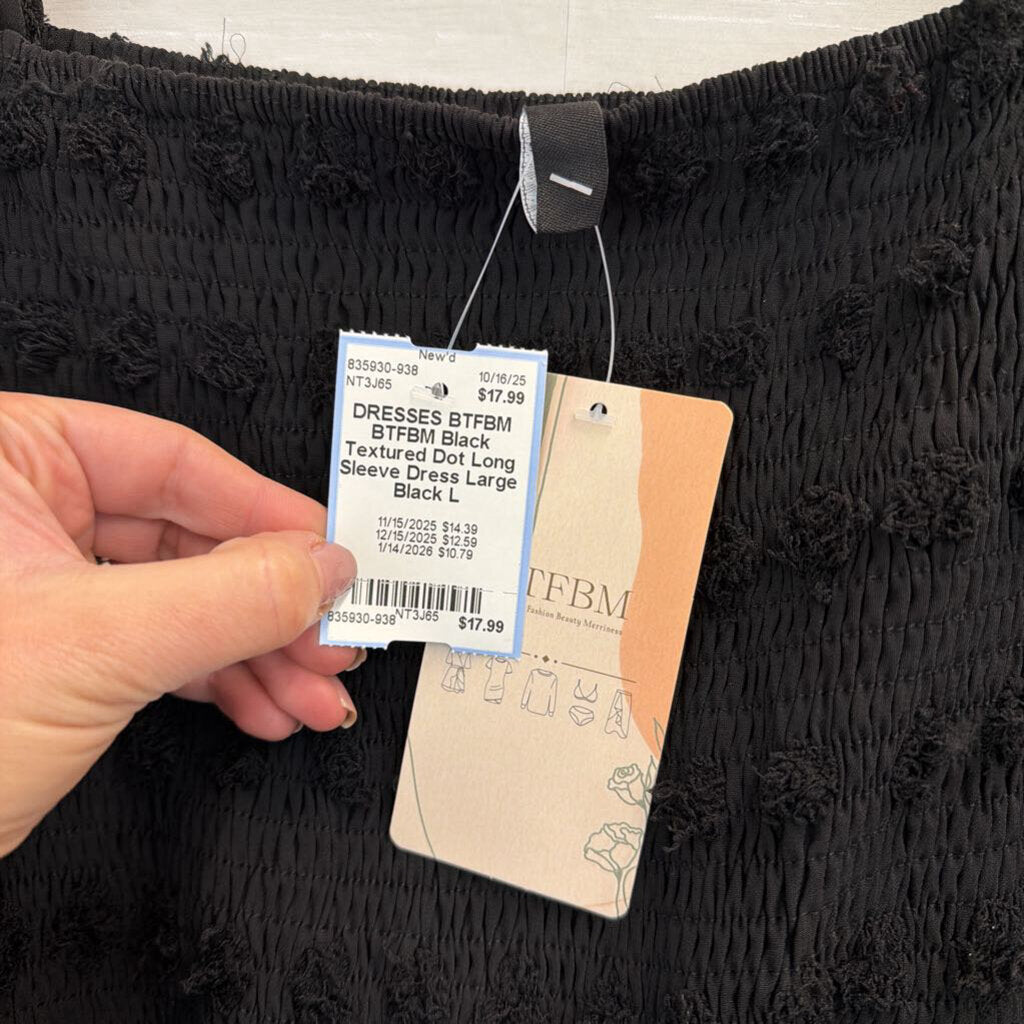 BTFBM Black Textured Dot Long Sleeve Dress Large