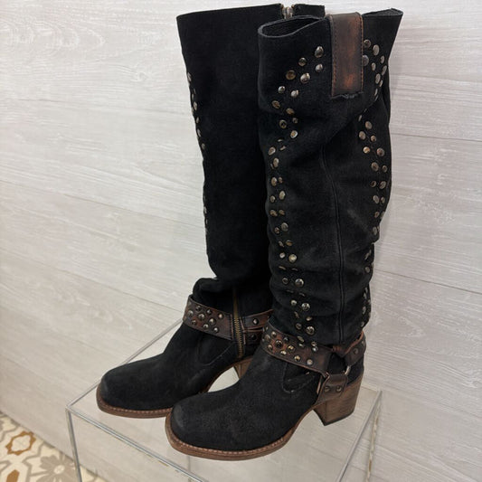 Free Bird Black Suede Leather Daisy Studded Tall Boots 8