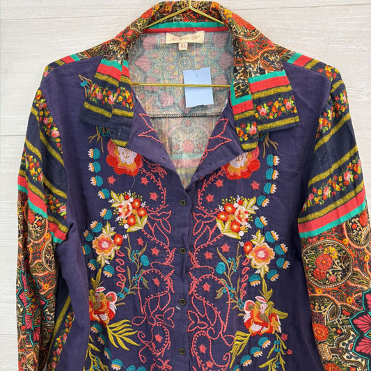 All About Her Navy/ Multi Embroidered Print Long Sleeve Button Down Top Extra Large