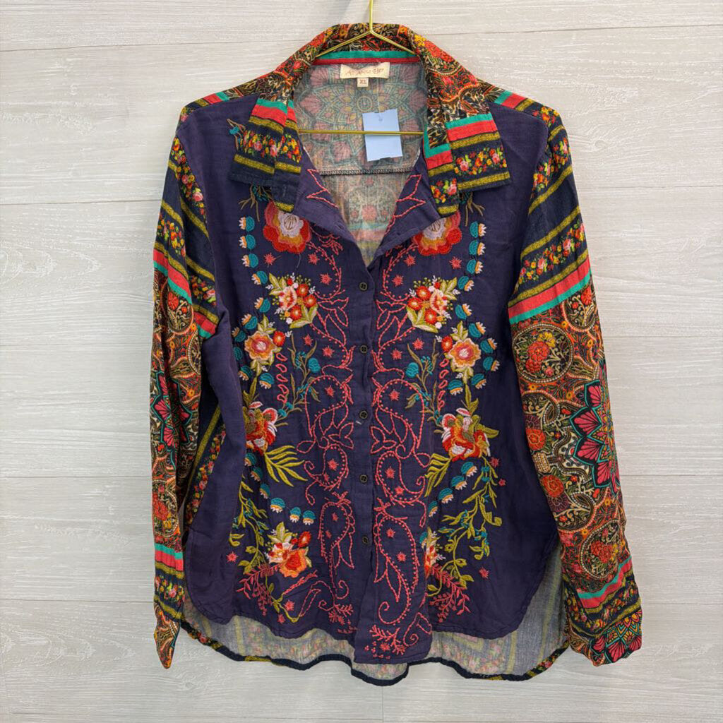 All About Her Navy/ Multi Embroidered Print Long Sleeve Button Down Top Extra Large