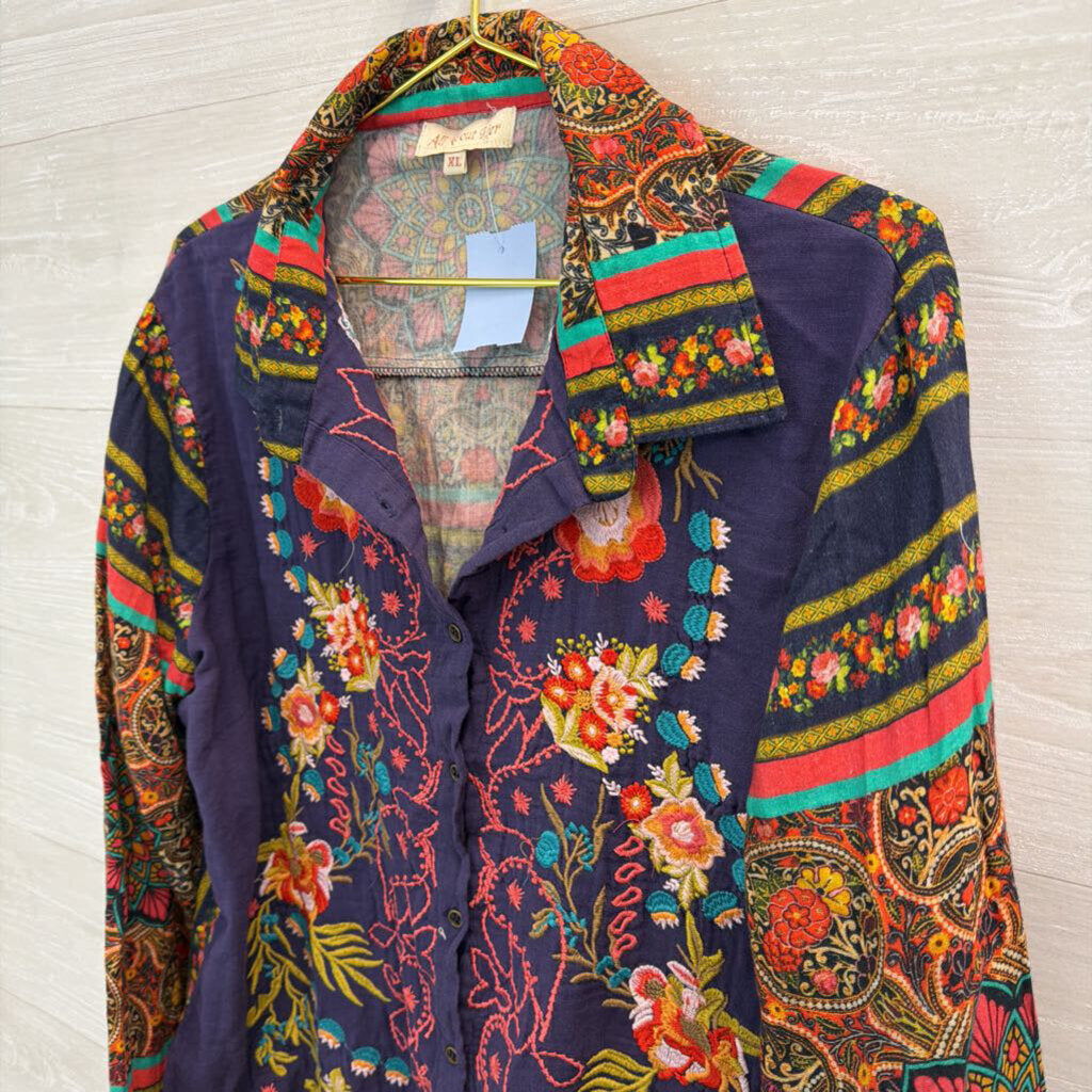 All About Her Navy/ Multi Embroidered Print Long Sleeve Button Down Top Extra Large