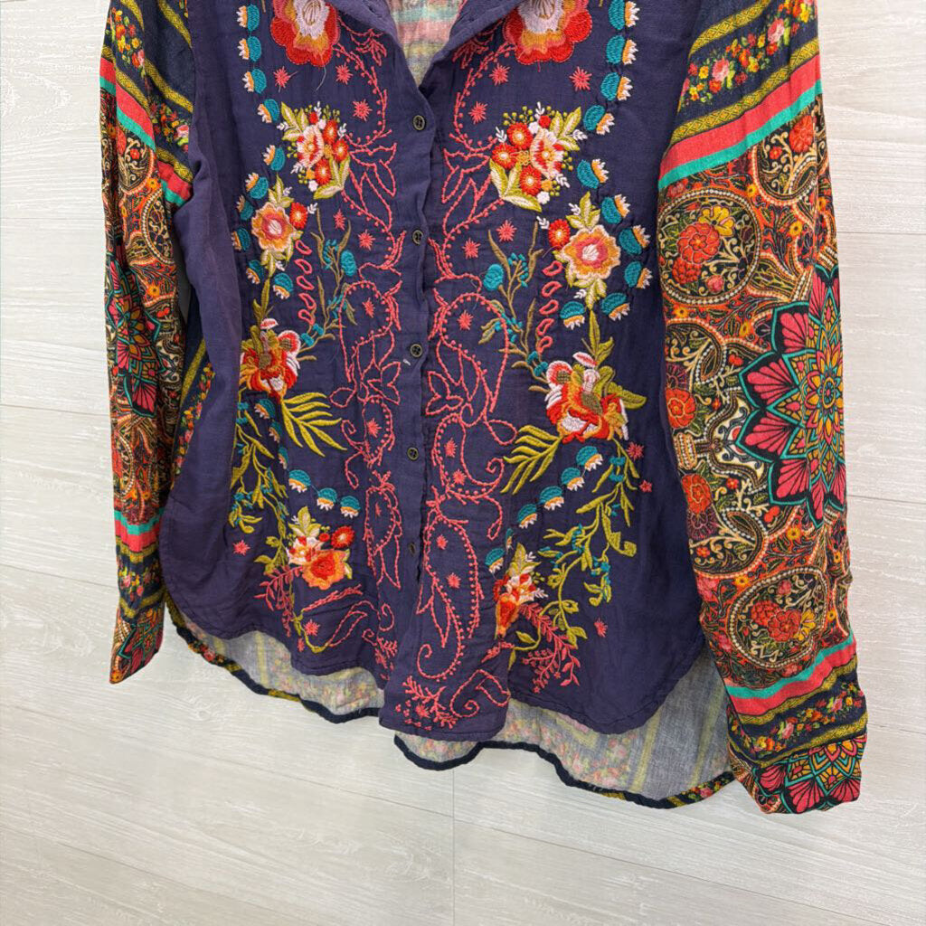 All About Her Navy/ Multi Embroidered Print Long Sleeve Button Down Top Extra Large