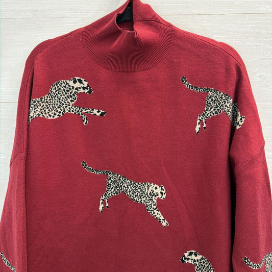 Ali Miles Red Animal Print Long Sleeve Mock Neck Sweater Top Small