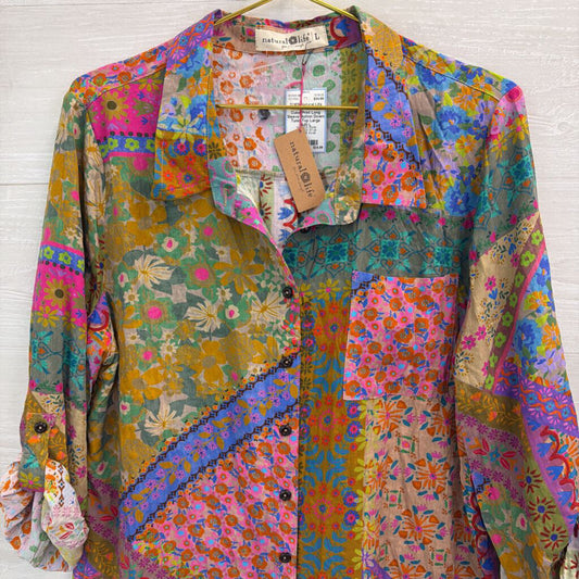 Natural Life Multi Color Print Long Sleeve Button Down Tunic Top Large