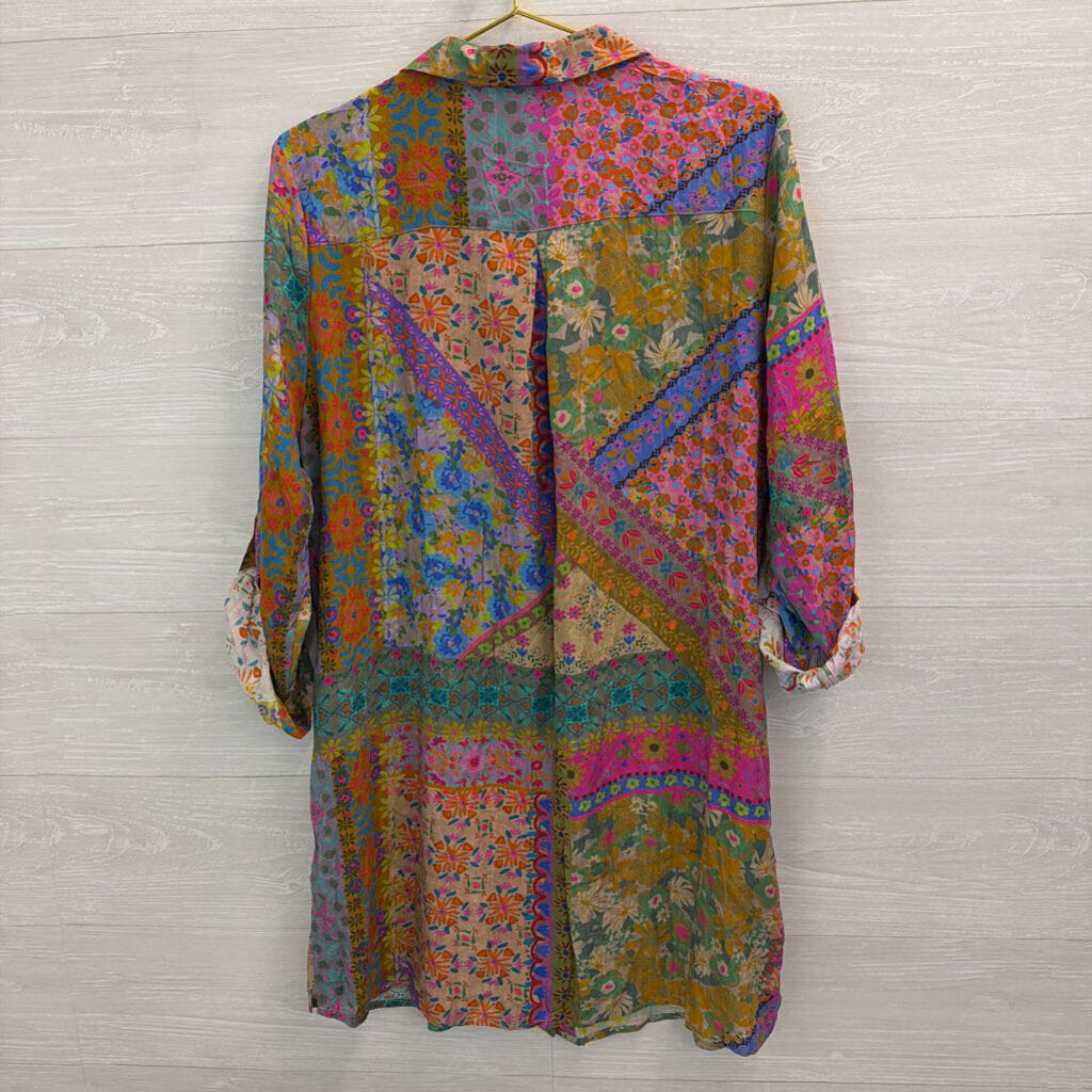Natural Life Multi Color Print Long Sleeve Button Down Tunic Top Large