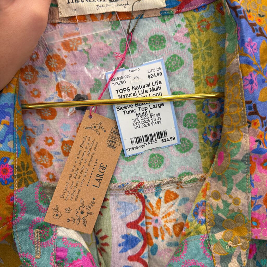 Natural Life Multi Color Print Long Sleeve Button Down Tunic Top Large