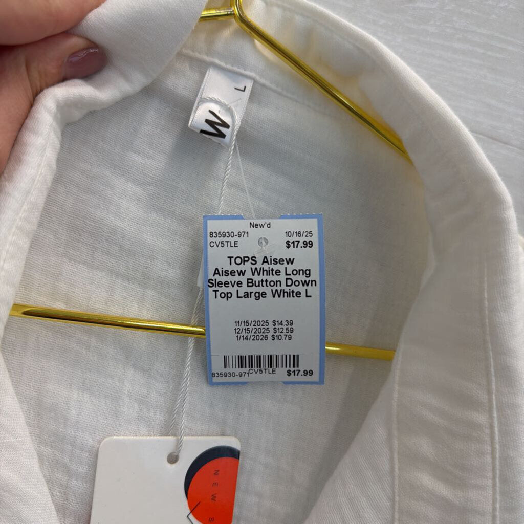 Aisew White Long Sleeve Button Down Top Large