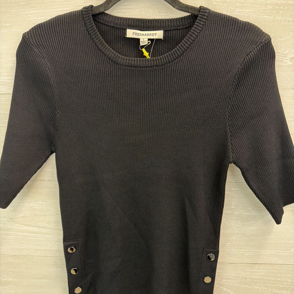 Free Market Black Ribbed Knit Short Sleeve Top Large