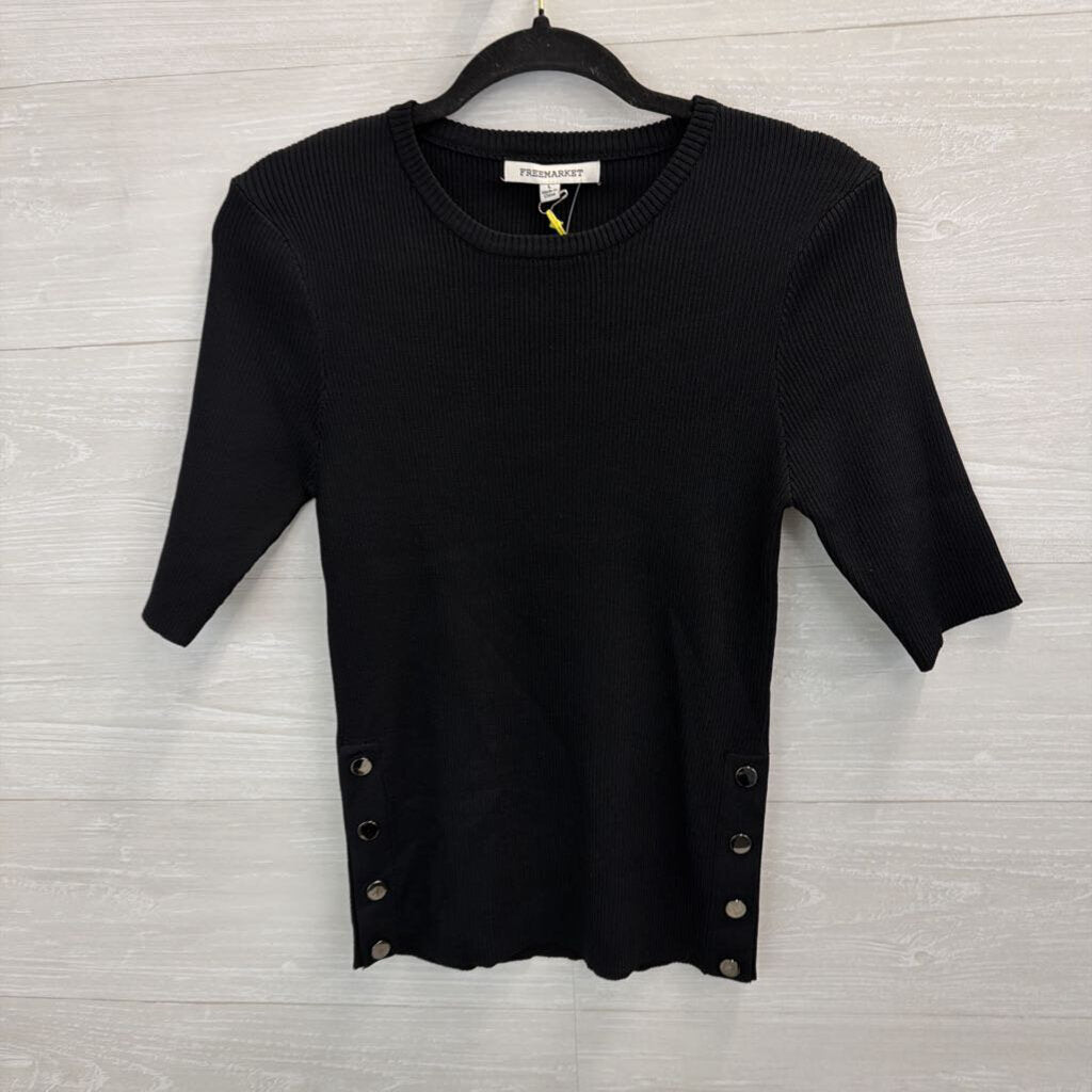 Free Market Black Ribbed Knit Short Sleeve Top Large