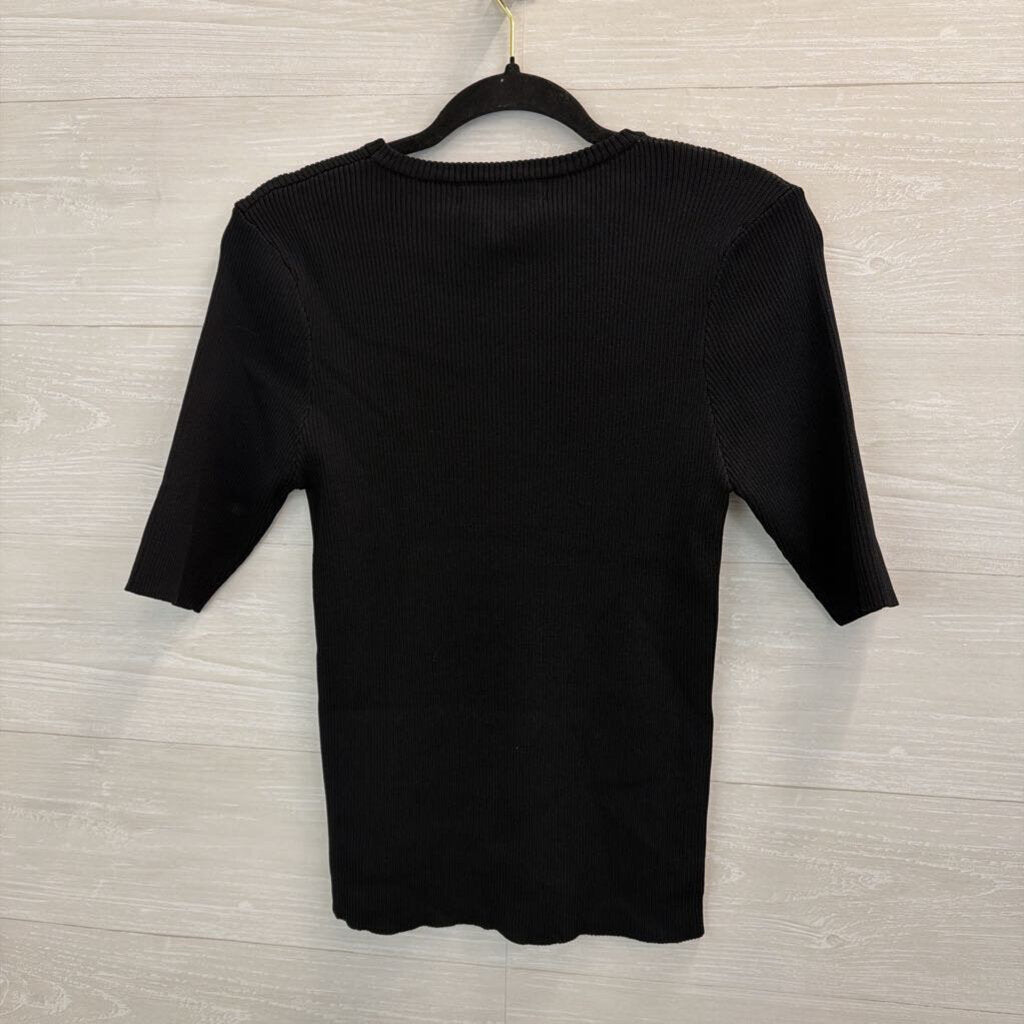 Free Market Black Ribbed Knit Short Sleeve Top Large