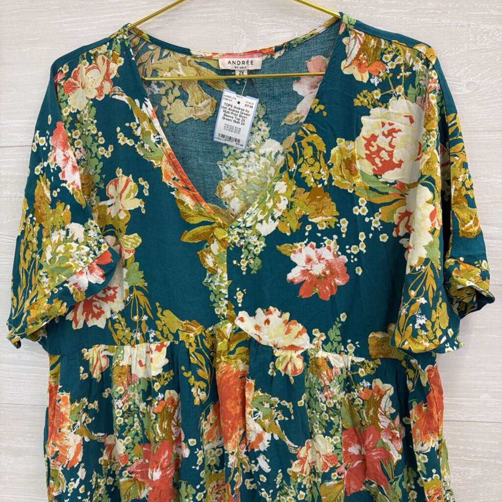 Andree Green/ Multi Print Short Sleeve Top 2X