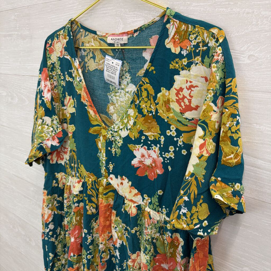 Andree Green/ Multi Print Short Sleeve Top 2X