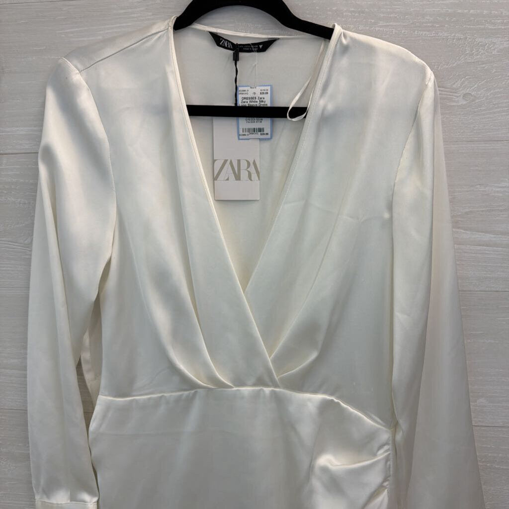 Zara White Silky Long Sleeve Dress Large