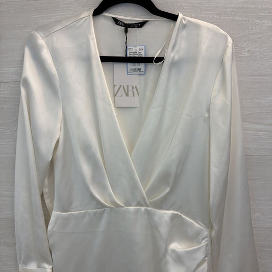 Zara White Silky Long Sleeve Dress Large