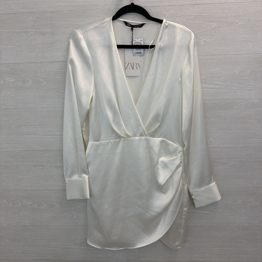 Zara White Silky Long Sleeve Dress Large