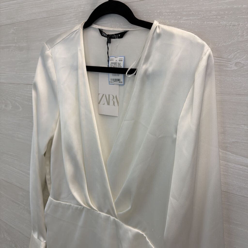 Zara White Silky Long Sleeve Dress Large