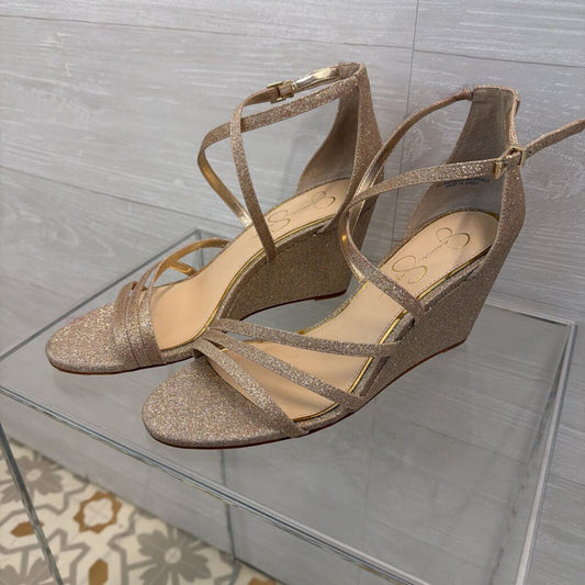 Jessica Simpson Gold Shimmer Strappy Wedge Heels 10