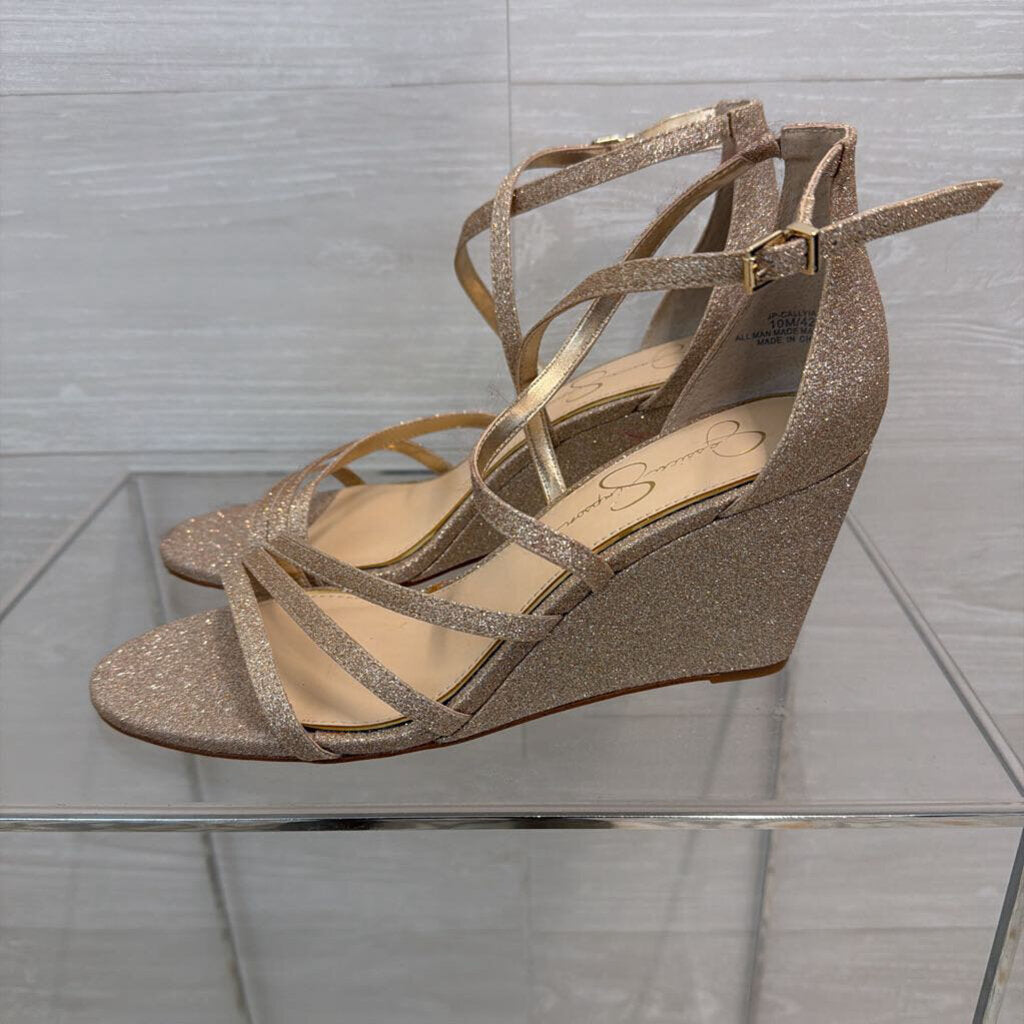 Jessica Simpson Gold Shimmer Strappy Wedge Heels 10