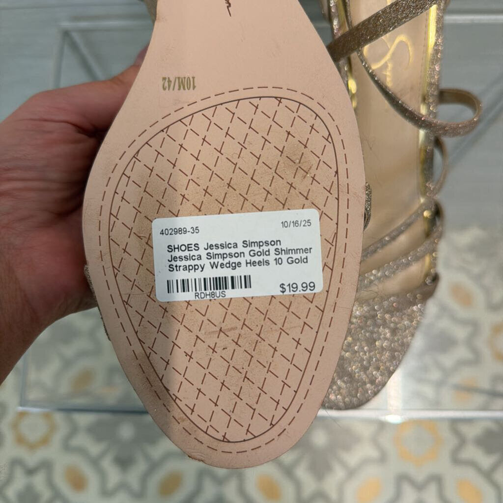 Jessica Simpson Gold Shimmer Strappy Wedge Heels 10