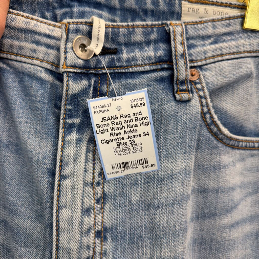 Rag and Bone Light Wash Nina High Rise Ankle Cigarette Jeans 34