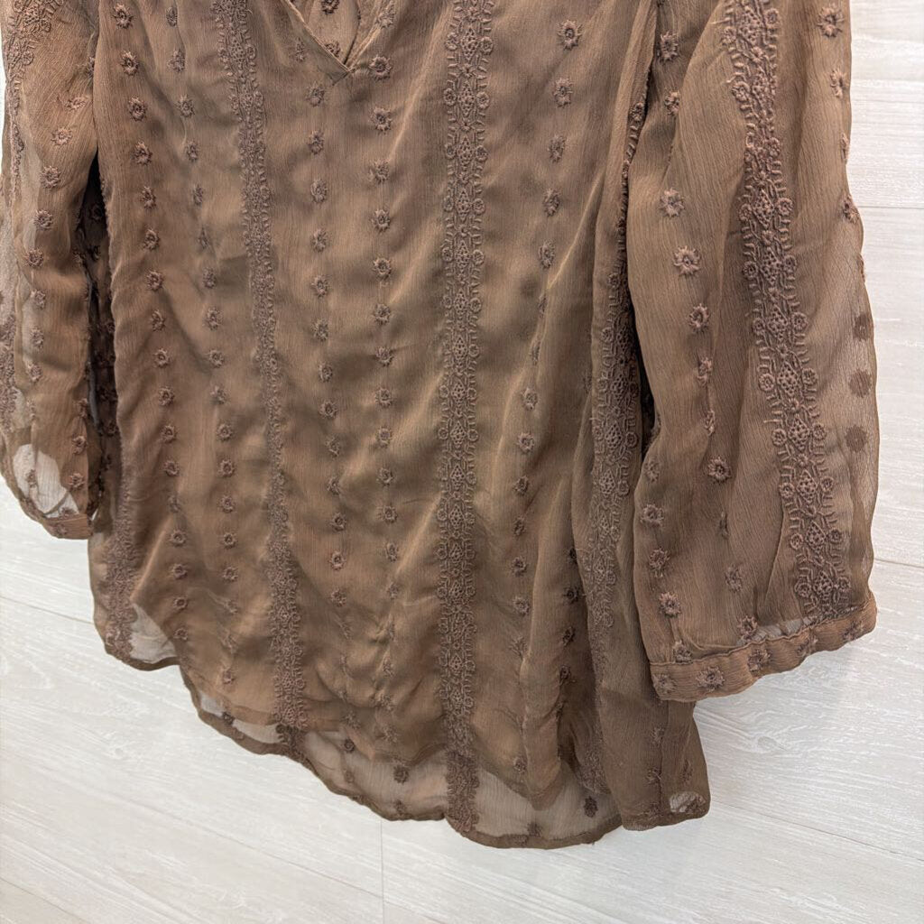 Sheer Long Sleeve Notch Neck Top Medium