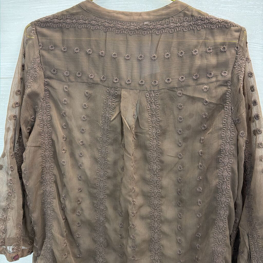 Sheer Long Sleeve Notch Neck Top Medium