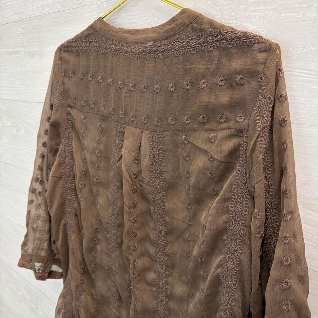 Sheer Long Sleeve Notch Neck Top Medium