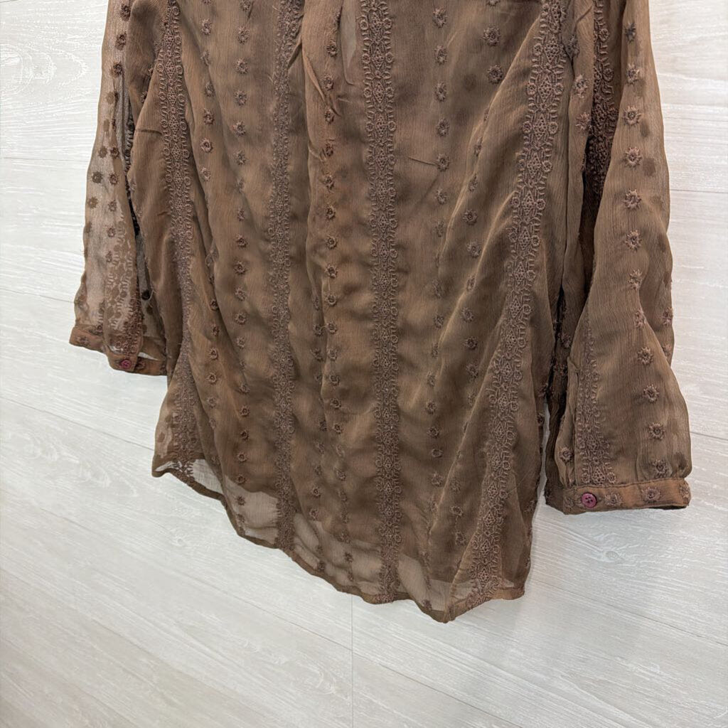 Sheer Long Sleeve Notch Neck Top Medium