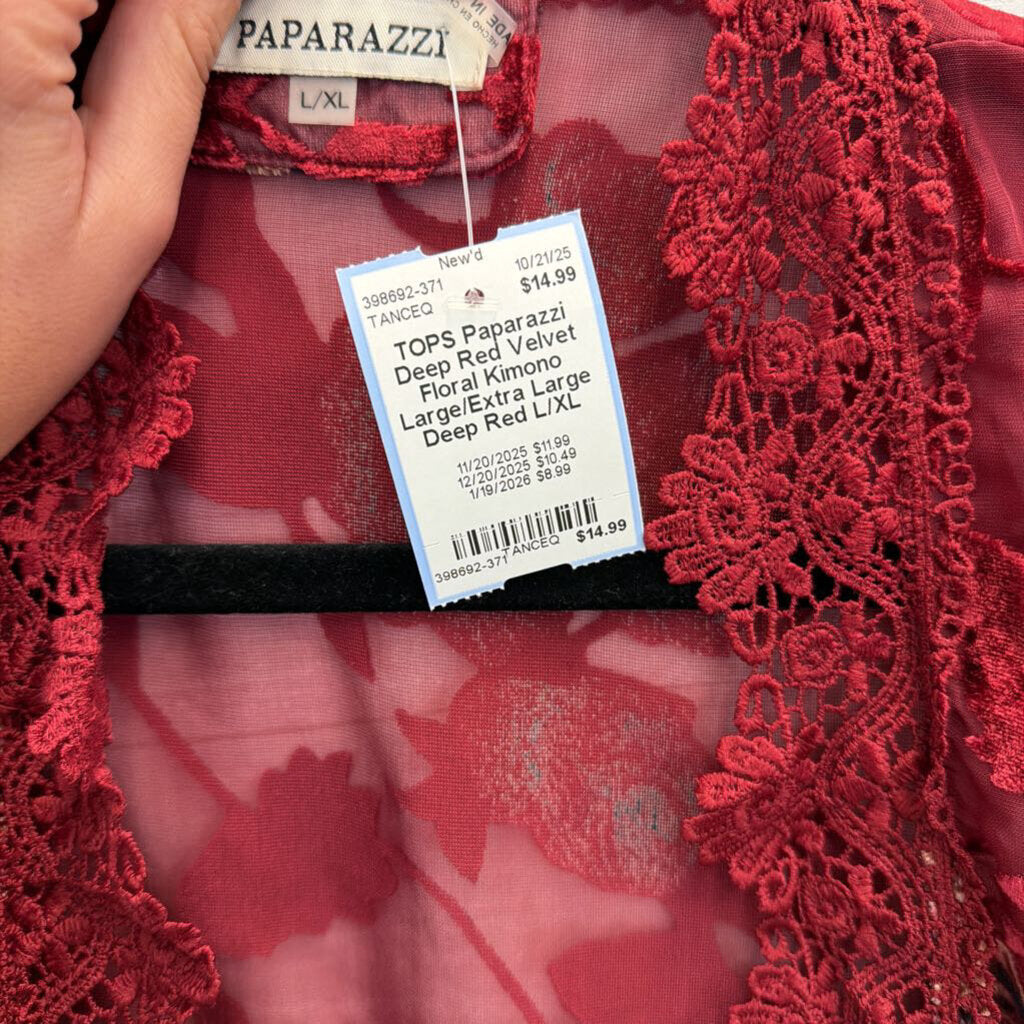 Deep Red Velvet Floral Kimono Large/Extra Large
