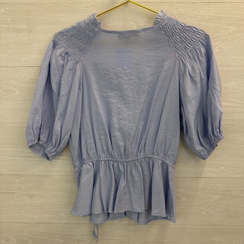 Blue Wrap Puffsleeve Shortsleeve Top Large